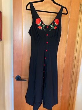 Belle Poque  Black Midi Dress with Red Rose Embroidery